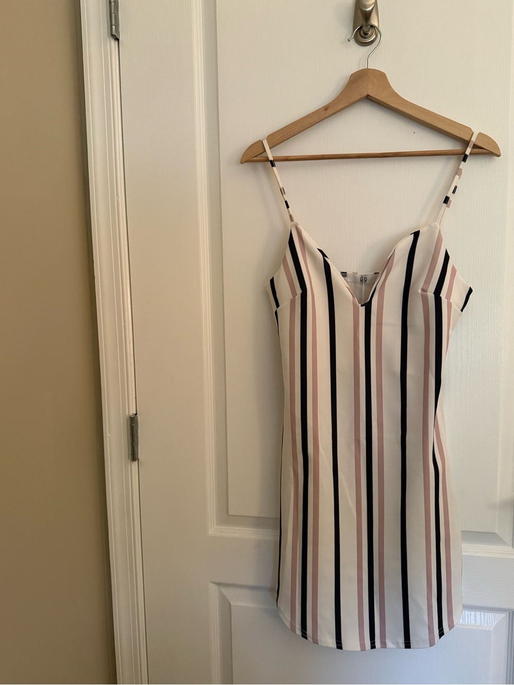Missguided Striped Slip Mini Dress in Blush, Black, and White